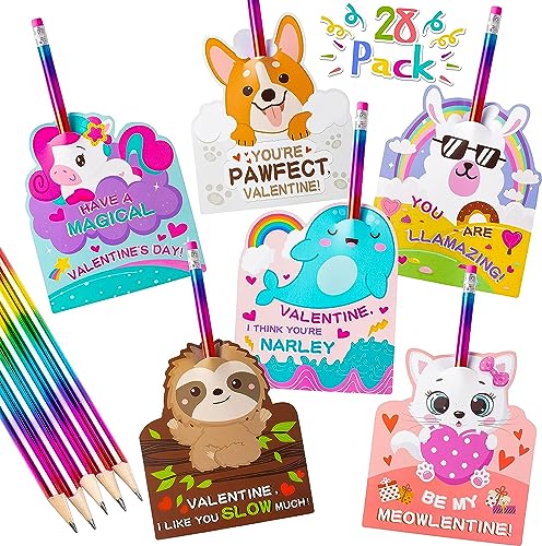 Haooryx 36-teiliges Valentinstags-Geschenkkarten-Set mit Regenbogen-Bleistift für Kinder Einhorn und Hund Valentinstag-Grußkarten für Klasse Geschenk Austausch der Schule Klassenzimmer Preis von Haooryx