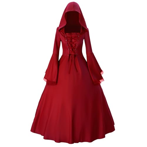 Damen Vintage Gothic Trompetenärmelkleid Mittelalter Renaissance Ausgestellte Ärmel Kostümkleid vorne mit Schnürung viktorianisches Halloween Karneval Partykleid Kostüm von Haooyeah