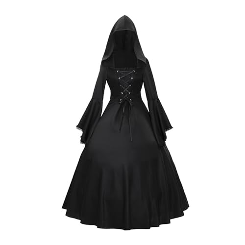 Damen Vintage Gothic Trompetenärmelkleid Mittelalter Renaissance Ausgestellte Ärmel Kostümkleid vorne mit Schnürung viktorianisches Halloween Karneval Partykleid Kostüm von Haooyeah