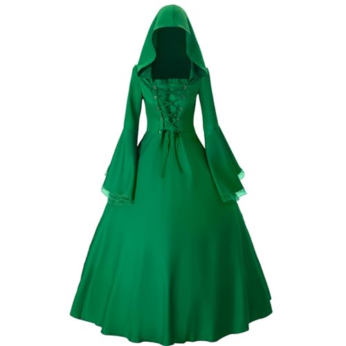 Damen Vintage Gothic Trompetenärmelkleid Mittelalter Renaissance Ausgestellte Ärmel Kostümkleid vorne mit Schnürung viktorianisches Halloween Karneval Partykleid Kostüm von Haooyeah