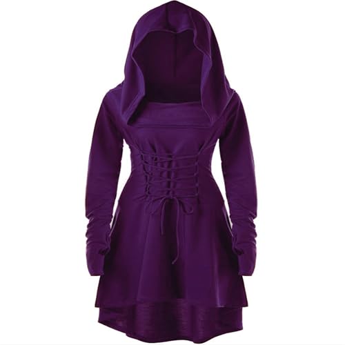 Damen Vintage Langarm Hoodies Bandage Schnürung Solid Gothic Kleid Renaissance Kapuzenmantel Kostüm Halloween Karneval Party Cosplay Outfits von Haooyeah