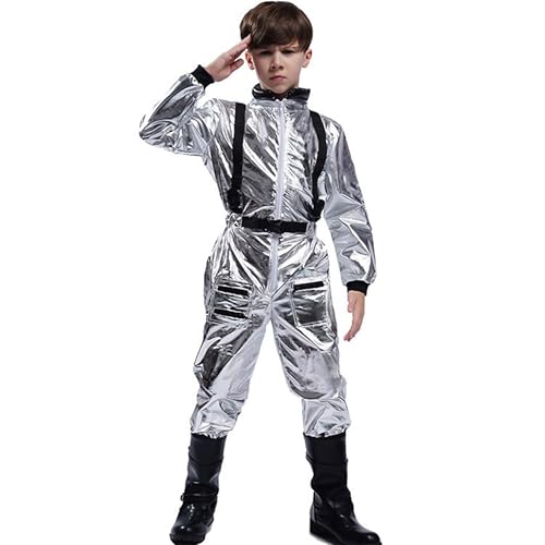 Glänzender Raumanzug-Overall für Erwachsene und Kinder, silbernes Astronauten-Overall-Kostüm, Raumfahrer-Overall-Kostüm, Halloween, Weihnachten, Karnevalsparty, Kostüm zum Verkleiden von Haooyeah