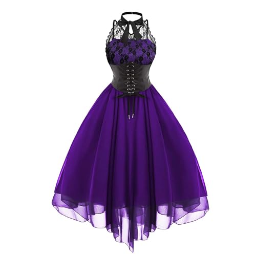 Haooyeah Ärmelloses Gothic-Spitzenkleid für Damen mit Korsett, Gothic-Punk-Hippie-Kleid, Neckholder-Spitze, formelles Halloween-Karnevalsparty-Swing-Cocktailkleid von Haooyeah