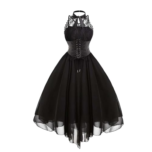 Haooyeah Ärmelloses Gothic-Spitzenkleid für Damen mit Korsett, Gothic-Punk-Hippie-Kleid, Neckholder-Spitze, formelles Halloween-Karnevalsparty-Swing-Cocktailkleid von Haooyeah