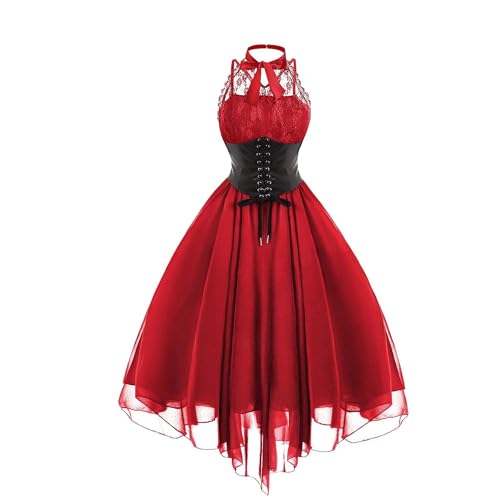 Haooyeah Ärmelloses Gothic-Spitzenkleid für Damen mit Korsett, Gothic-Punk-Hippie-Kleid, Neckholder-Spitze, formelles Halloween-Karnevalsparty-Swing-Cocktailkleid von Haooyeah