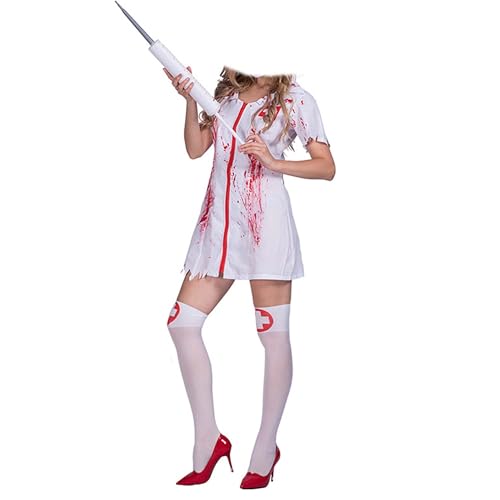 Haooyeah Blutige Zombie-Krankenschwester Cosplay-Kostüm für Frauen, gruseliges weißes, blutiges, bedrucktes Kleid mit kurzen Ärmeln, Kostüm für Halloween-Karnevalsparty, Killer-Pflegekraft-Outfit von Haooyeah