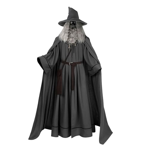 Haooyeah Gandalf Cosplay-Kostüm Herr der Ringe Gandalf Zaubererkostüm Robe Umhang Outfits Mittelalterlicher Mönchs-Umhang Kostüm für Halloween-Karnevalsparty von Haooyeah