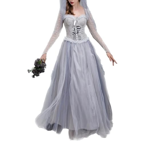 Haooyeah Geisterbraut-Kostüm für Damen, Zombie-Kostüm, Vampir-Zombie, graues Cosplay-Kleid, Halloween-Karnevalsparty, Kostüm zum Verkleiden von Haooyeah