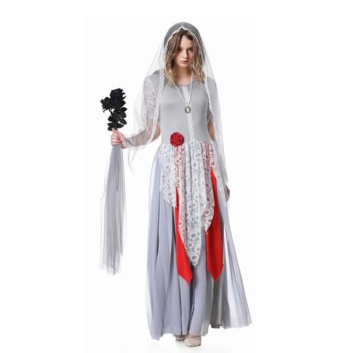 Haooyeah Geisterhaftes Cosplay-Kostüm für Damen und Herren, Zombie-Geist, Braut und Bräutigam, Party-Abendkleid, weißer Schleier, Umhang mit Kapuze, Gothic-Cosplay-Kostüm für Halloween-Karnevalsparty von Haooyeah