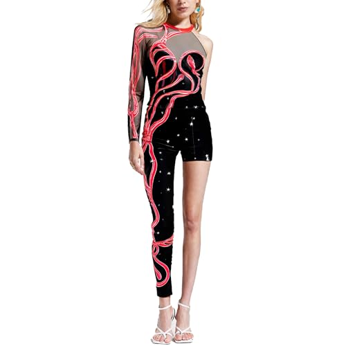 Haooyeah Glitzernder Damen-Overall, Sängerin, Konzert-Bodysuit, schwarz-roter Schlangen-Trikotanzug, Ganzanzug, Gymnastik-Outfit für Halloween-Karnevalsparty von Haooyeah