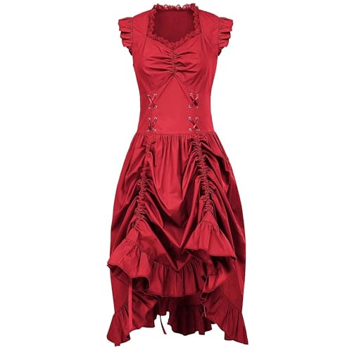 Haooyeah Gothic-Kleid für Damen, elegantes Rüschenkleid mit Schnürung, mittelalterliches Renaissance-Kleid mit hohem Bein und Rokoko-Maskenballkleid für Halloween-Karnevalsparty von Haooyeah