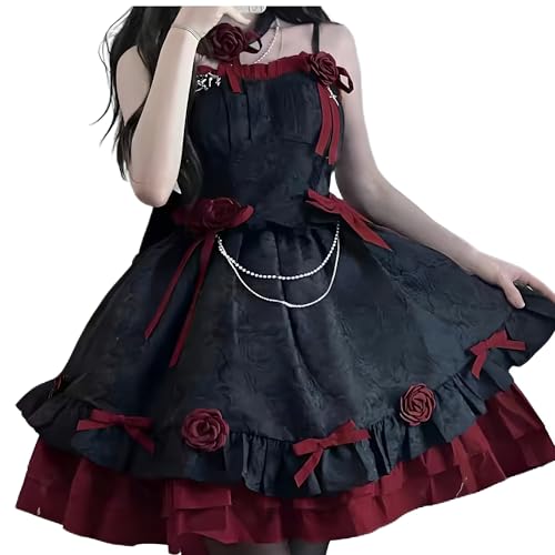 Haooyeah Gothic-Lolita-Kleid für Damen, Sommer, süßes ärmelloses Gothic-Kleid mit Rüschen und Spitze, Halloween-Maskenball, Karnevalsparty, Cosplay-Kostüm von Haooyeah