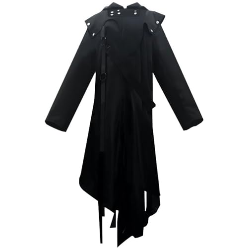 Haooyeah Herren Vintage-Kapuzenjacke mit Reißverschluss und asymmetrischer Kapuze, Gothic-Punk-Cosplay, lange Jacke, mittelalterlicher Steampunk-Trenchcoat für Halloween-Karnevalsparty von Haooyeah