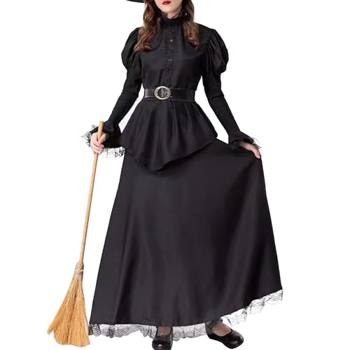 Haooyeah Hexenkostüm für Damen, elegantes Hexenkleid, Vintage-Gothic-Korsettkleid, langärmliges Kleid mit Puffärmeln und Hexenhut für Halloween-Karnevalsparty von Haooyeah