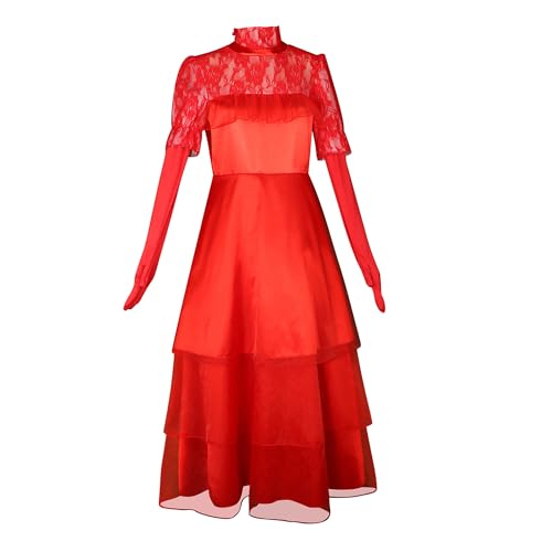 Haooyeah Lydia Deetz Cosplay-Kleid Gothic Rotes Braut-Hochzeitskleid Kostüm Braut Rotes Kleid mit Schleier für Halloween-Karnevalsparty von Haooyeah