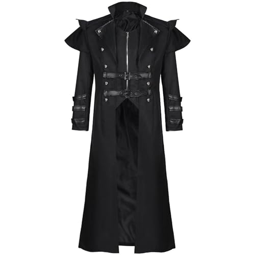 Haooyeah Mittelalterliche Kostüme für Herren: Langer Steampunk-Trenchcoat, zweireihiger Reißverschluss, Punk-Trenchcoat, viktorianischer Vintage-Frack, Jacke für Halloween-Karnevalsparty von Haooyeah