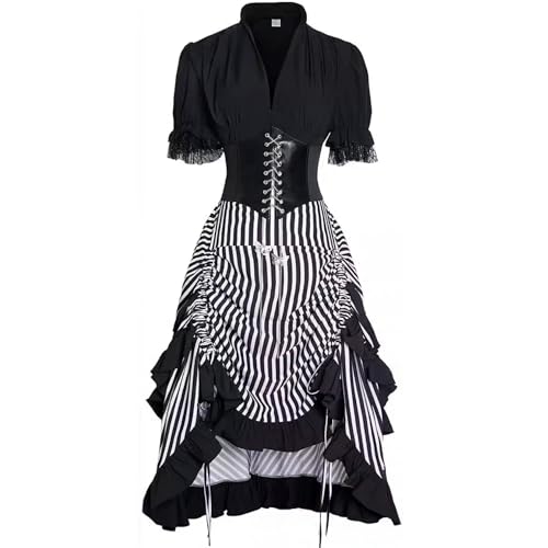 Haooyeah Mittelalterliches, gestreiftes Piraten-Steampunk-Gothic-Cosplay-Kleid für Damen, Renaissance-Piratenkostüm, viktorianisches Cosplay-Kleid für Halloween-Karnevalsparty von Haooyeah