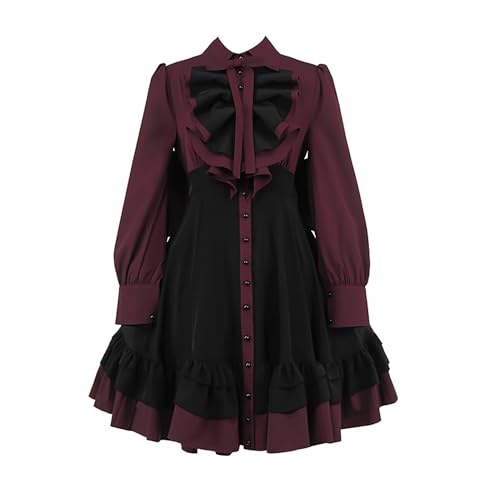 Haooyeah Schwarzes und rotes Gothic-Kleid für Damen mit Schleifen, mittelalterliches Renaissance-Lolita-Kleid, viktorianisches Ballkleid mit langen Ärmeln für Halloween-Karnevalsparty von Haooyeah