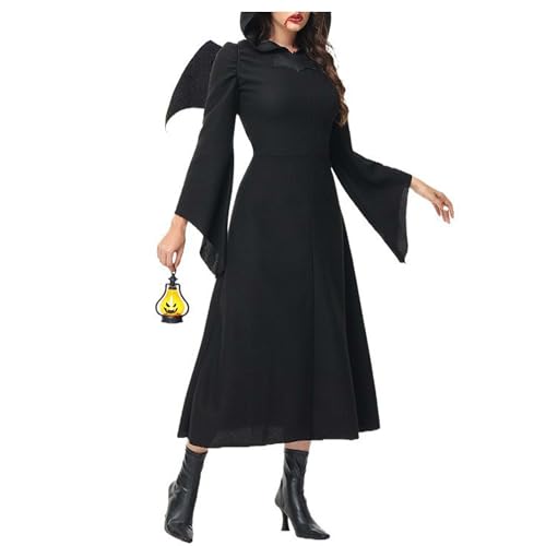 Haooyeah Teufelshexe Cosplay-Kostüm, Vintage, ausgestelltes Kleid mit langen Ärmeln und Kapuze, Kostüm, einfarbig, mittelalterliches Bühnenkostüm für Halloween-Karnevalspartys von Haooyeah