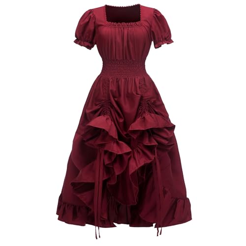 Haooyeah Viktorianisches High-Low-Kleid für Damen, quadratischer Ausschnitt, mittelalterliches Renaissance-Kleid, gotisches Steampunk-Kleid, Vintage-Ballkleid für Halloween-Karnevalsparty von Haooyeah