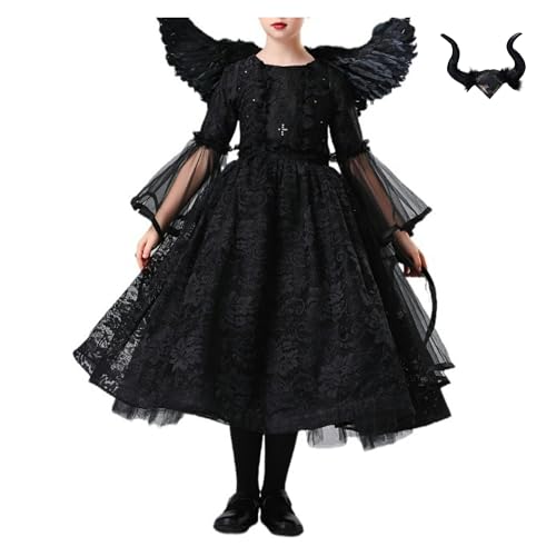 Hexenkostüm für Mädchen, Halloween, schwarzes Prinzessinnen-Tutu, Cosplay-Kleid, Gothic-Zauberin, Karnevalskostüm mit Hörnern, Stirnband und Flügeln von Haooyeah