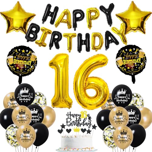 16 Geburtstag Deko Schwarz Gold 16. Geburtstag Junge Mädchen Gold 16 Jahr Geburtstagdeko 16. Ballon Schwarz Gold Deko 16 Jahr Party Decoration Luftballons 16 Geburtstag Schwarz Gold 16 Tortendeko von Haosell