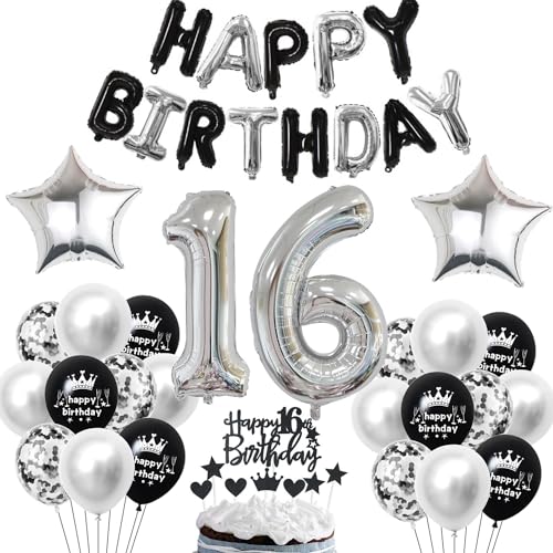 16 Geburtstag Deko Schwarzes Silber Deko 16. Geburtstag Junge Schwarz Tortendeko 16 Geburtstag Mädchen 16 Geburtstag Dekoration 16 Jahre Schwarz Silber Party Ballons 16. Geburtstag Schwarz Silber von Haosell