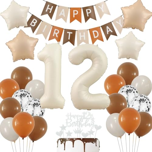 Deko 12. Geburtstag Mädchen, Boho 12. Luftballon Beige, Luftballon 12 Jahre Geburtstag Creme, Beige Ballon 12. Geburtstag, Luftballons Braun 12 Geburtstag Deko, 12 Jahr Geburtstagdeko Beige Junge von Haosell