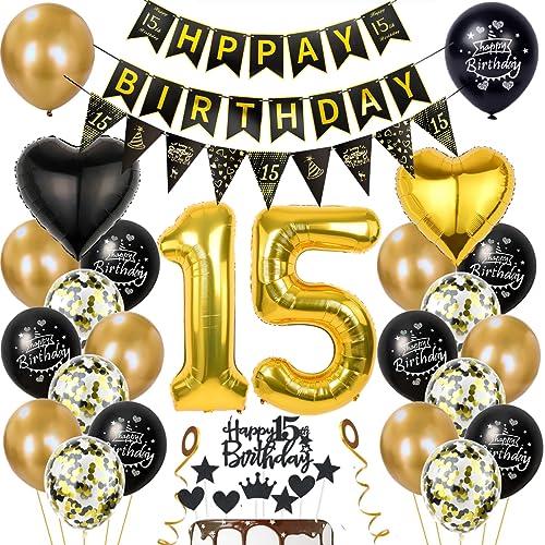 Gold 15. Geburtstag Dekoration Junge Mädchen 15 Geburtstag Deko 15 Jahr Geburtstagdeko 15. Ballon Schwarz Gold Deko 15. Geburtstag Luftballons Schwarz Gold Mädchen 15. Geburtstag Party Deko von Haosell