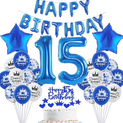 Blau Luftballon 15. Geburtstag Junge deko Folienballon 15 Tortendeko 15 Geburtstags Junge dekoration happy Birthday Girlande Banner Blau Geburtstagsdeko 15 jahre Junge Ballon deko 15. Geburtstag Junge von Haosell