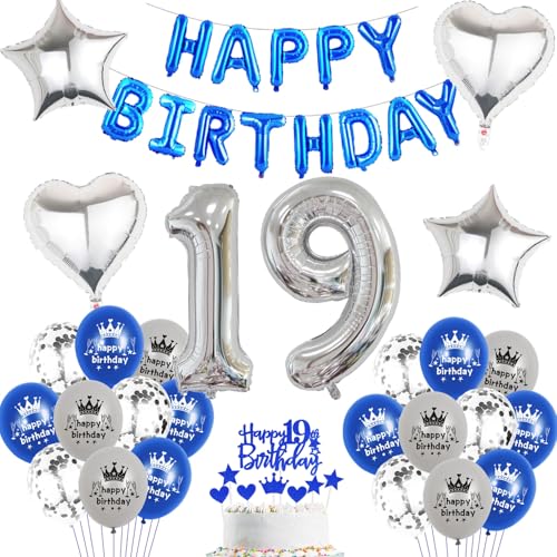 Luftballon 19.Geburtstag Junge blau silber deko Folienballon 19 jahre Geburtstags deko Junge mädchen silber happy Birthday 19th Geburtstagsdeko 19 Ballon 19 jahre Geburtstag mädchen Dekoration (19) von Haosell