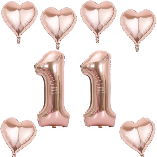 Roségold Zahlen Luftballon 11 +6 pcs herz Heliumballon 11. Geburtstag Deko für Mädchen,40" Roségold Riesen Folienballon 11 für 11 Jahre Geburtstag deko, Roségold Helium Zahlenballon 11 von Haosell