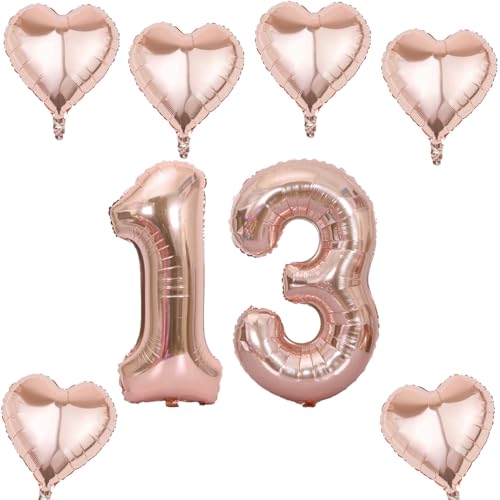 Roségold Zahlen Luftballon 13 +6 pcs herz Heliumballon 13. Geburtstag Deko für Mädchen,40" Roségold Riesen Folienballon 13 für 13 Jahre Geburtstag deko, Roségold Helium Zahlenballon 13 von Haosell