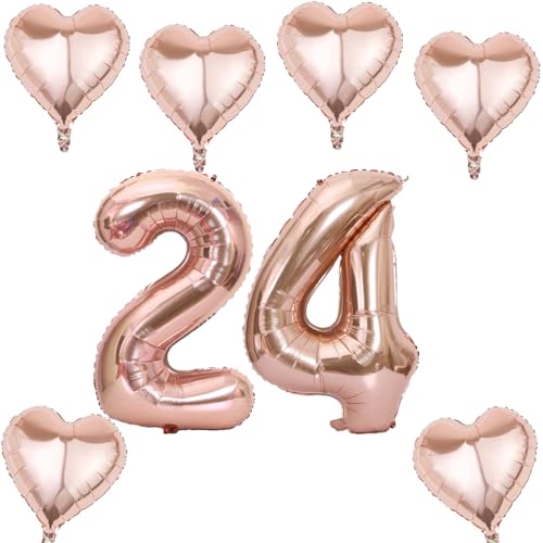 Roségold Zahlen Luftballon 24 +6 pcs herz Heliumballon 24. Geburtstag Deko für Frauen,40" Roségold Riesen Folienballon 24 für 24 Jahre Geburtstag deko, Roségold Helium Zahlenballon 24 von Haosell