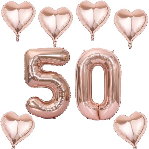 Roségold Zahlen Luftballon 50 +6 pcs herz Heliumballon 50. Geburtstag Deko für Frauen,40" Roségold Riesen Folienballon 50 für 50 Jahre Geburtstag deko, Roségold Helium Zahlenballon 50 von Haosell