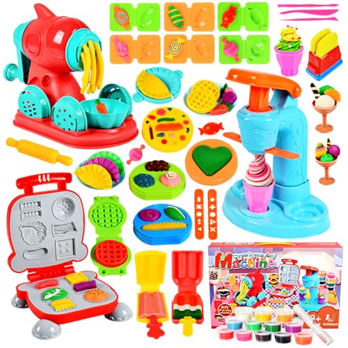 Haoutdory 51 Stück Knete Dough Set für Kinder,Kitchen Creations Nudelmaschine Spielset Burger Eiscreme,DIY Knete Eismaschine Set Knete Zubehör,12 Dosen Knete,Spielzeug Geschenk Mädchen Junge 3+ von Haoutdory