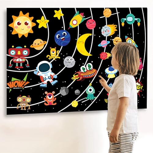 Planeten Poster für Kinder,Sonnensystem Kinder mit 32 Filz Figuren,Farbenfrohe Kinderzimmer Deko,Planeten Kinder Spielzeug Sonnensystem Modell Weltraum Weihnachten von Haoutdory