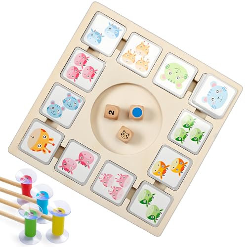 Holzschach mit Streichhölzern,Action Spiel Kinder mit 96 Tierkarten 3 Würfel und 4 Saugnapfstäbe,Montessoris Spiel Brettspiel aus Holz,Lernspiele mit Tierkarten für Familie und Freunde von Haoutdory