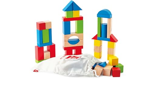 Hape Bunte Holzbausteine für Kinder Holzbausteine-Set zum Stapeln Lernspielzeug für Kleinkinder, 50 Leuchtend Bunte Holzbausteine in unterschiedlichen Formen und Größen von Hape