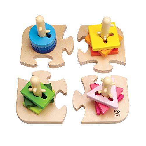 Hape Kreatives Steckpuzzle Holz Stapelspiel Problemlösungspuzzle für Kleinkinder, Stapelspiel mit verschiedenen Formen, Feste Stäbe und helle Farben von Hape