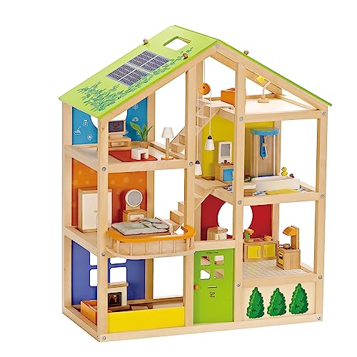 Hape Vier-Jahreszeiten Puppenhaus aus Holz Preisgekröntes dreistöckiges Puppenhaus mit Mobiliar, Zubehör, verschiebbaren Treppen und wendbarem Dach für Jede Jahreszeit von Hape