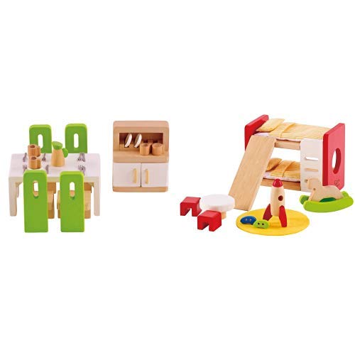 Hape E3454 Esszimmer, grüne Stühle/weißer Tisch/schrank mit weißen Türen & E3456 - Kinderzimmer von Hape