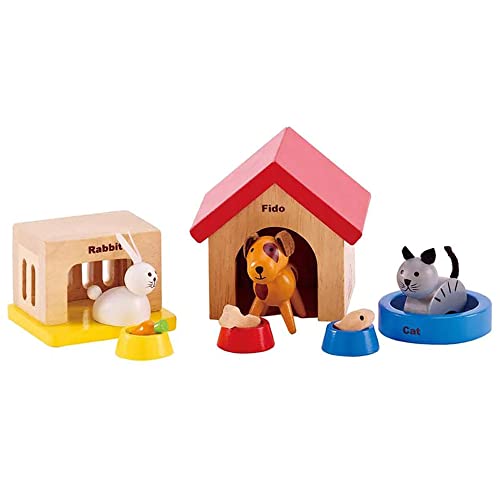 Hape Haustiere für die ganze Familie aus Holz für Puppenhäuser Ergänzung zum Puppenhaus aus Holz mit den fröhlichen Tierfreunden Hund, Katze, Kaninchen und Zubehör von Hape