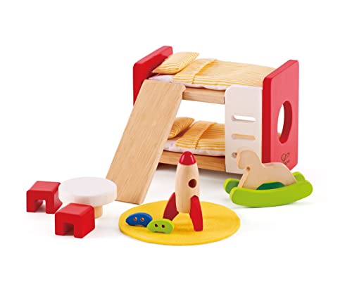 Hape Holz Kinderzimmer Möbel | Detailgetreues Kinderzimmer Puppenhaus Möbelset Inklusive Stockbett, Tisch, Stühle Und Rakete von Hape