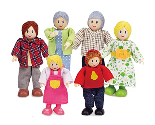 Hape Puppenfamilie Preisgekröntes Puppenfamilien-Set, einzigartiges Zubehör für Puppenhäuser aus Holz, Fantasie-Spiel, 6 Puppenfamilien-Mitglieder von Hape