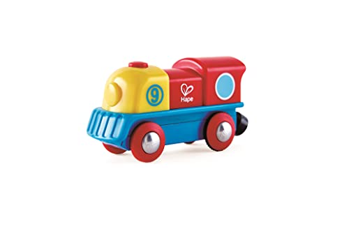 Hape Bunte Lok Tapfere kleine Lokomotive Ausschaltknopf, außergewöhnliche, batteriebetriebene Lokomotive, Lackierung in rot, gelb und blau von Hape