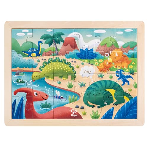 Dino-Puzzle, 24 Teile, inklusive Holzrahmen und Malvorlage von Hape