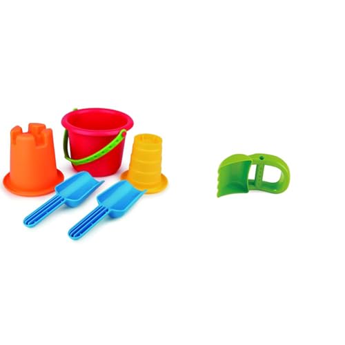 Hape 5-in-1 Strandset Sandspielzeug mit 2 Schaufeln, Eimer, Sieb und Förmchen, ab 18Monaten & E4073 Handbagger, Grün von Hape