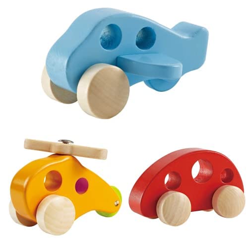 Hape Bundle E0050 - Kleines Flugzeug, Blau E0051 - Kleiner Hubschrauber E0052 - Minivan, Holzspielzeug, rot von Hape