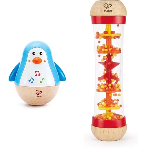 Hape E0331 - Stehauf-Pinguin, Stehaufmännchen mit Klang, blau, ab 6 Monaten & E0327 - Roter Regenmacher, Musikspielzeug, ab 0 Monaten von Hape